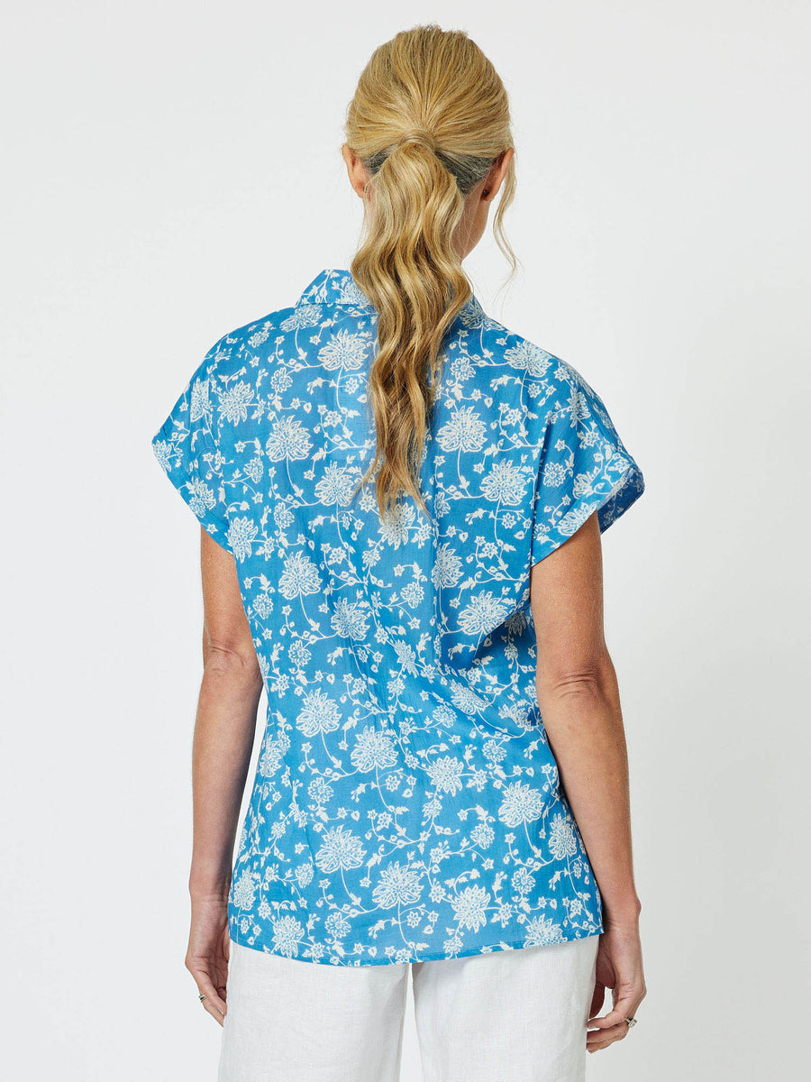 Summer Breeze Cotton Print Cap Sleeve Shirt - Cornflower