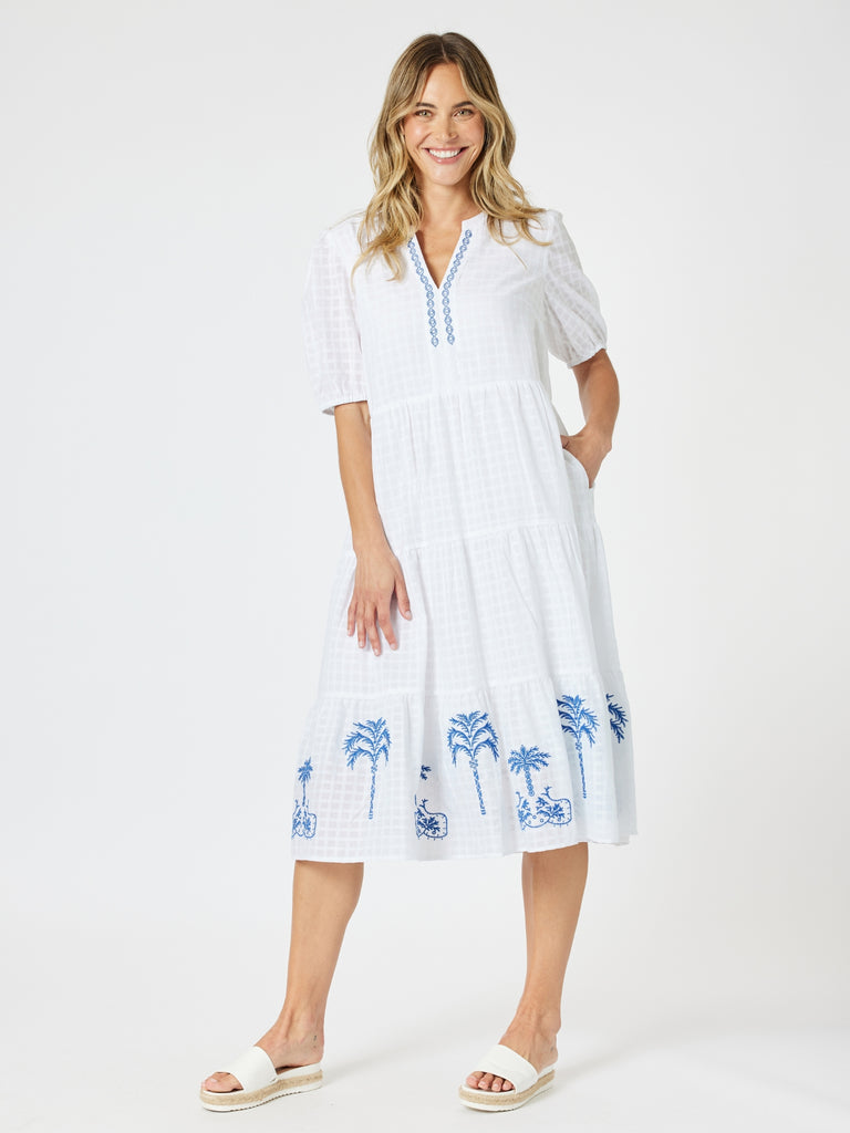 Mykonos Embroidered Dress - White Blue