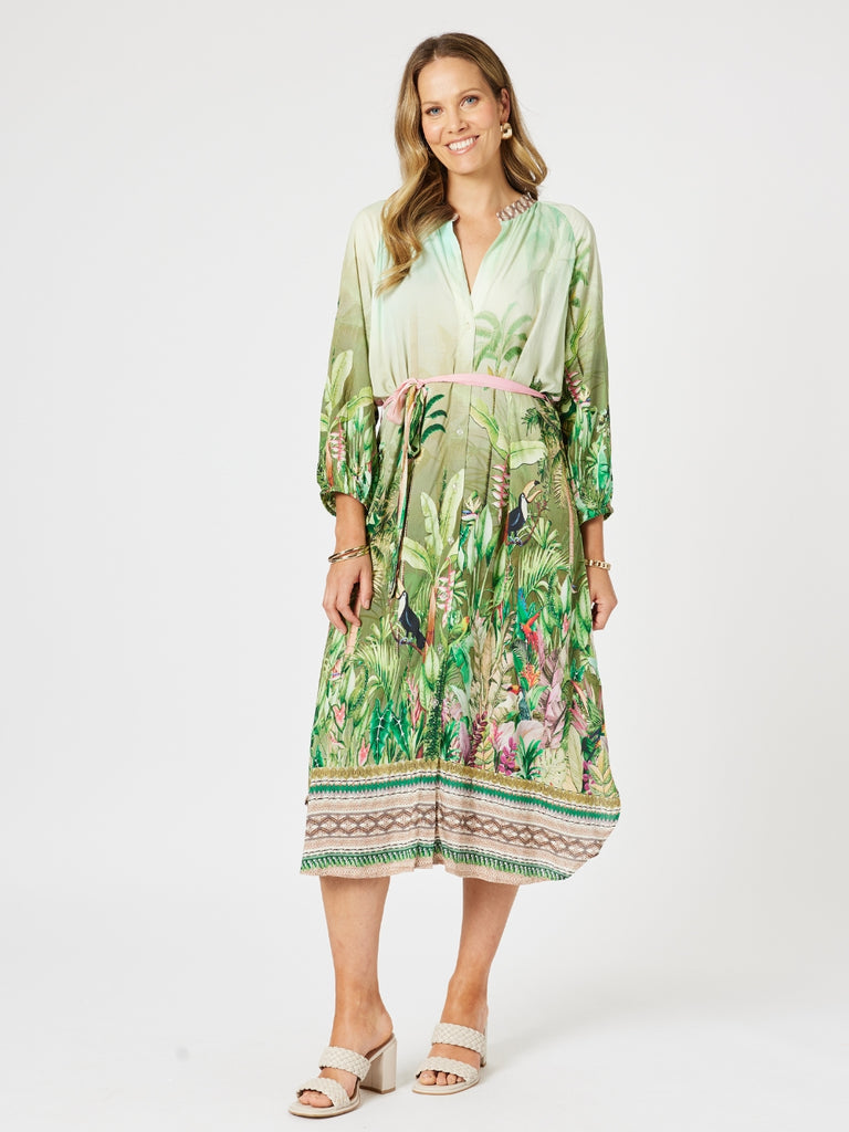 Toucan Midi Dress - Green Pink