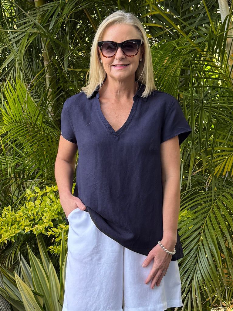 Beau Lino V Neck Top - Navy