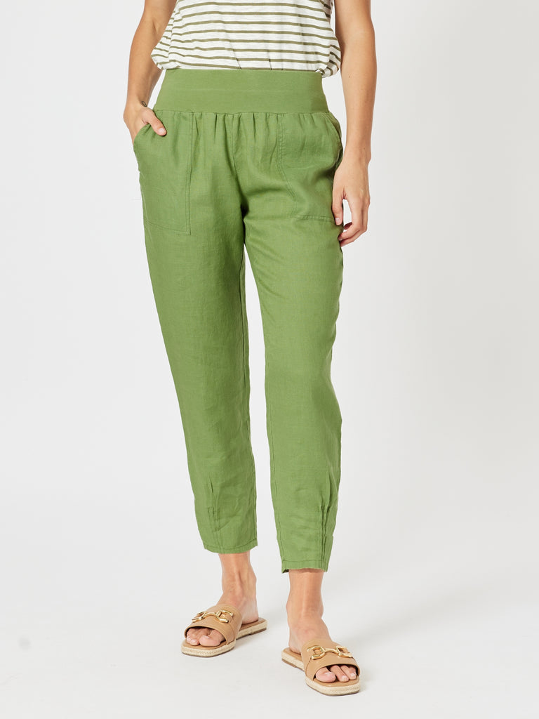 Sarah Linen Pleat Hem Pant - Basil
