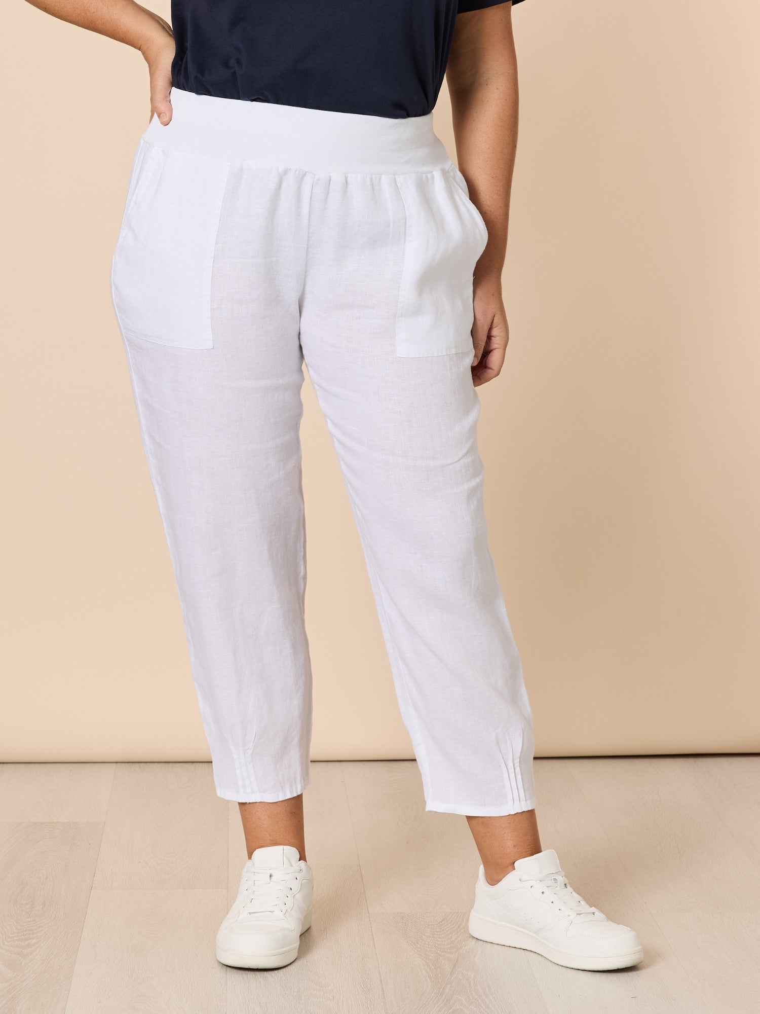 Sarah Ribbed Waist Linen Pant White main image 1
