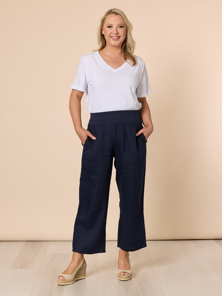 Lara Linen Wide Leg Pant - Navy GORDON SMITH