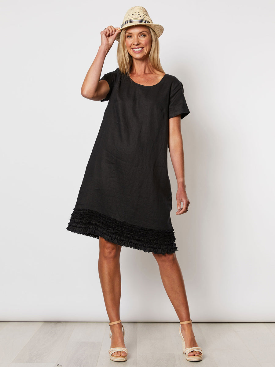 Ruffle Hem Linen Dress - Black