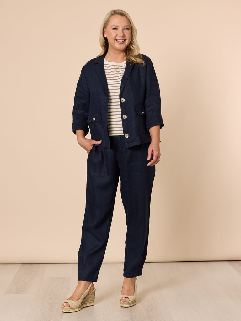Danielle Linen Cropped Blazer - Navy GORDON SMITH