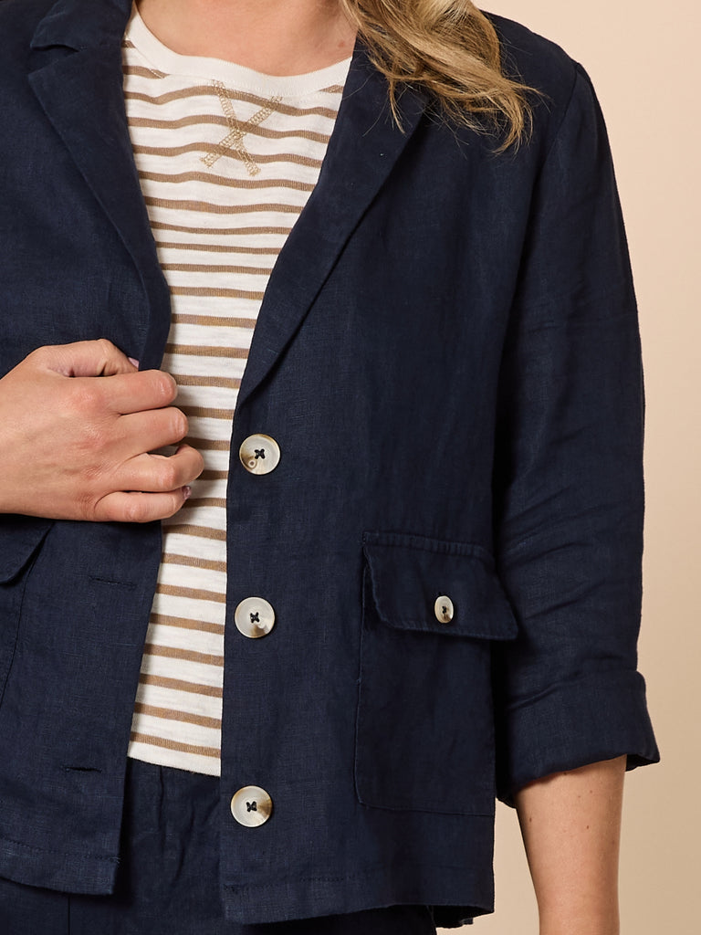 Danielle Linen Cropped Blazer - Navy GORDON SMITH