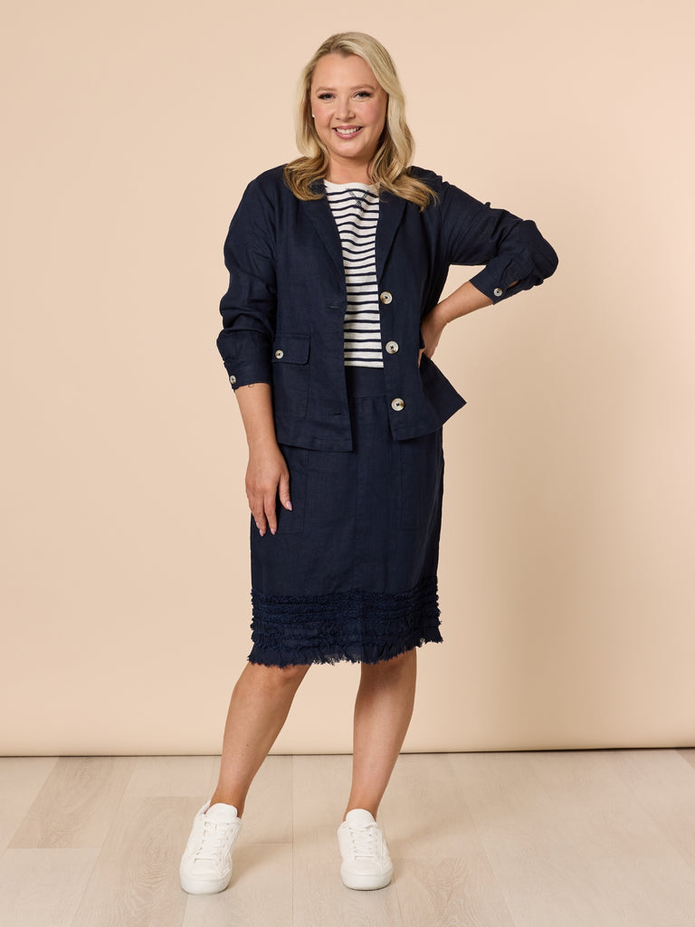Danielle Linen Cropped Blazer - Navy GORDON SMITH