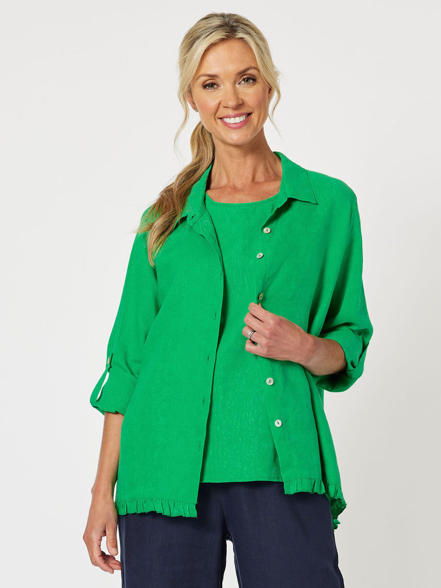 Ruffle Hem Linen Shirt - Emerald