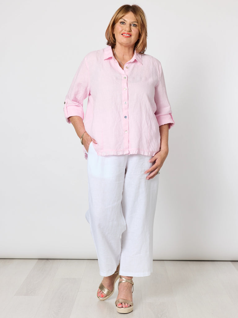 Ruffle Hem Linen Shirt - Pale Pink