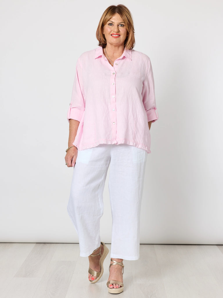 Ruffle Hem Linen Shirt - Pale Pink