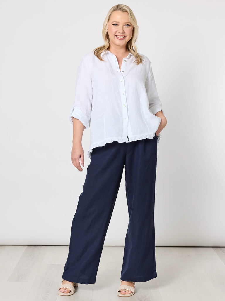 Linen Ruffle Hem Shirt - White