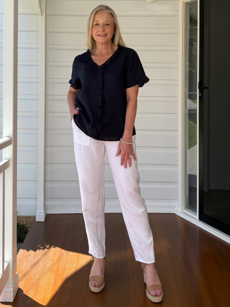 Tiffany Ruffle Linen Top - Navy