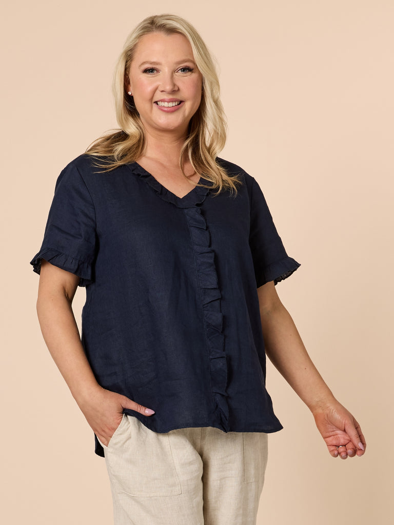 Tiffany Short Sleeve Linen Top - Navy GORDON SMITH