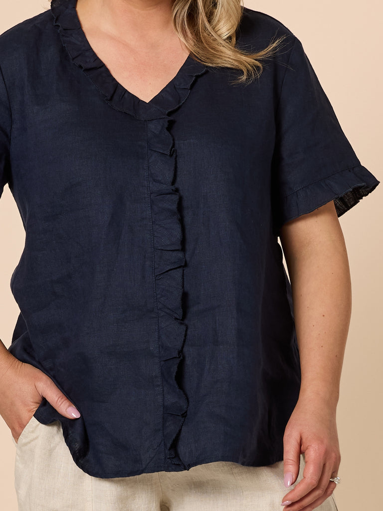Tiffany Short Sleeve Linen Top - Navy GORDON SMITH