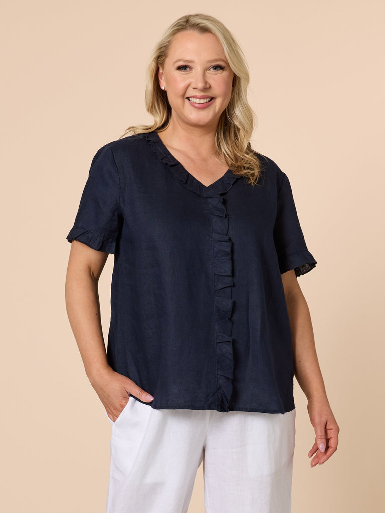Tiffany Short Sleeve Linen Top - Navy GORDON SMITH