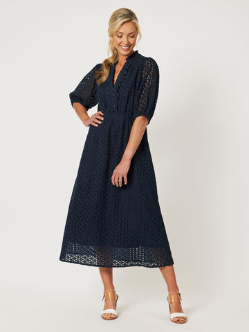 Broderie Lace Midi Dress - Navy