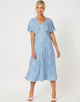 Miss Daisy Print Knit V-Neck A-Line Midi Dress - Cornflower