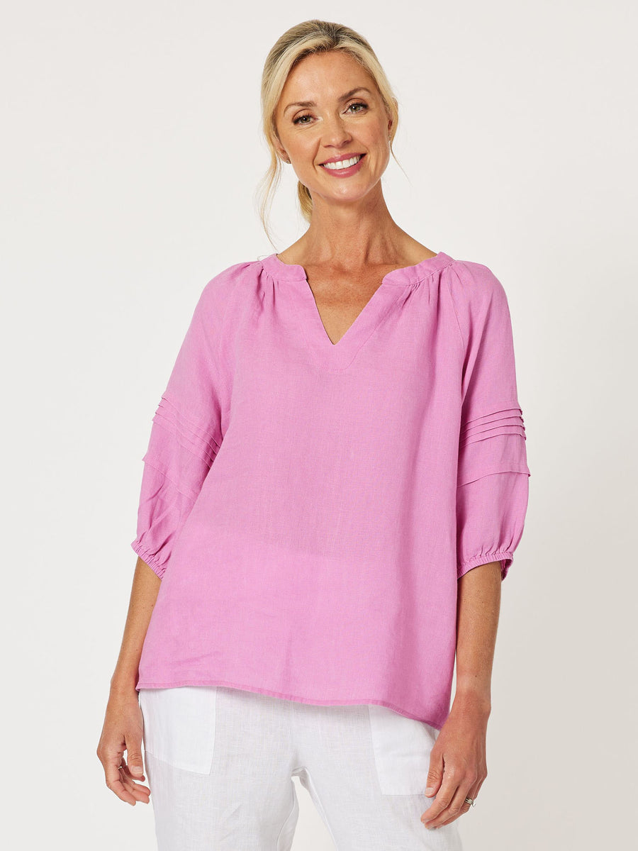 Diana Linen Pleat Sleeve Top - Orchid