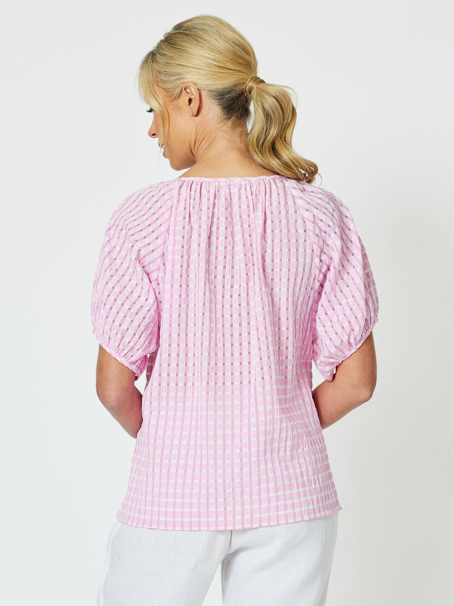 Pia Check Round Neck Top - Pink
