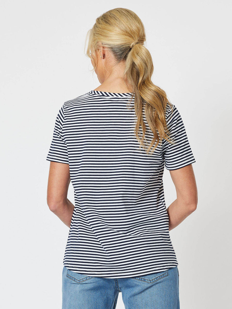 Stripe Stretch Round Neck T-Shirt - Navy/White