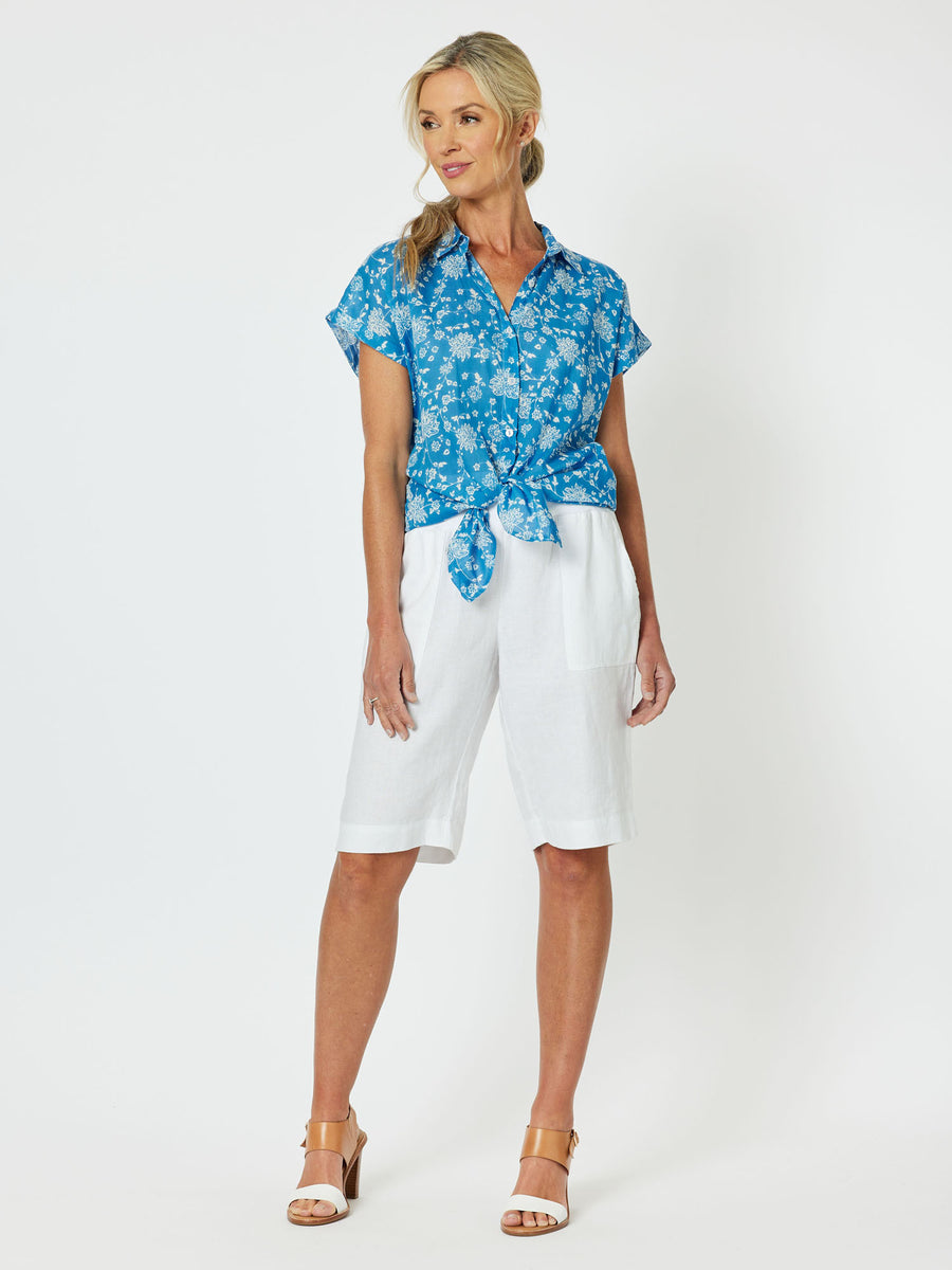 Summer Breeze Cotton Print Cap Sleeve Shirt - Cornflower