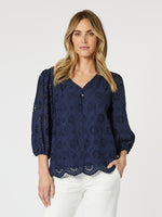 Jasmine Floral Lace Blouse  - Navy