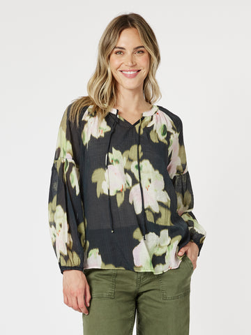 Maggie Floral Print Sheer Blouse - Black/Multi