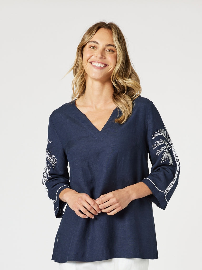 Palm Embroidery Lino Top-Navy/White