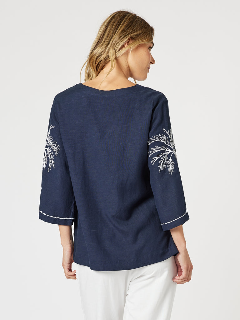 Palm Embroidery Lino Top - Navy/White gordon smith