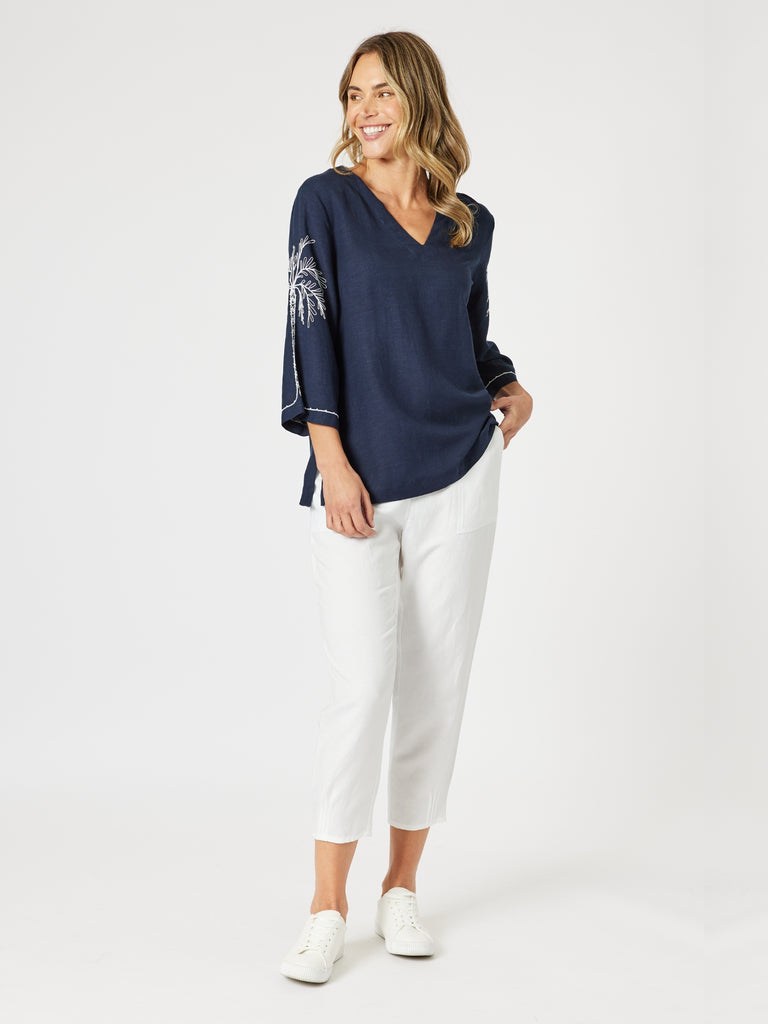 Palm Embroidery Lino Top - Navy/White gordon smith