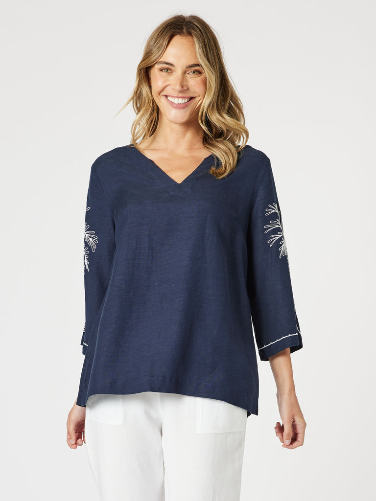 Palm Embroidery Lino Top - Navy/White gordon smith