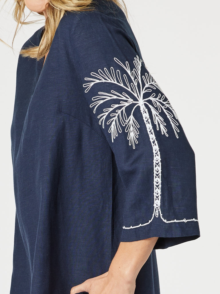 Palm Embroidery Lino Top - Navy/White gordon smith