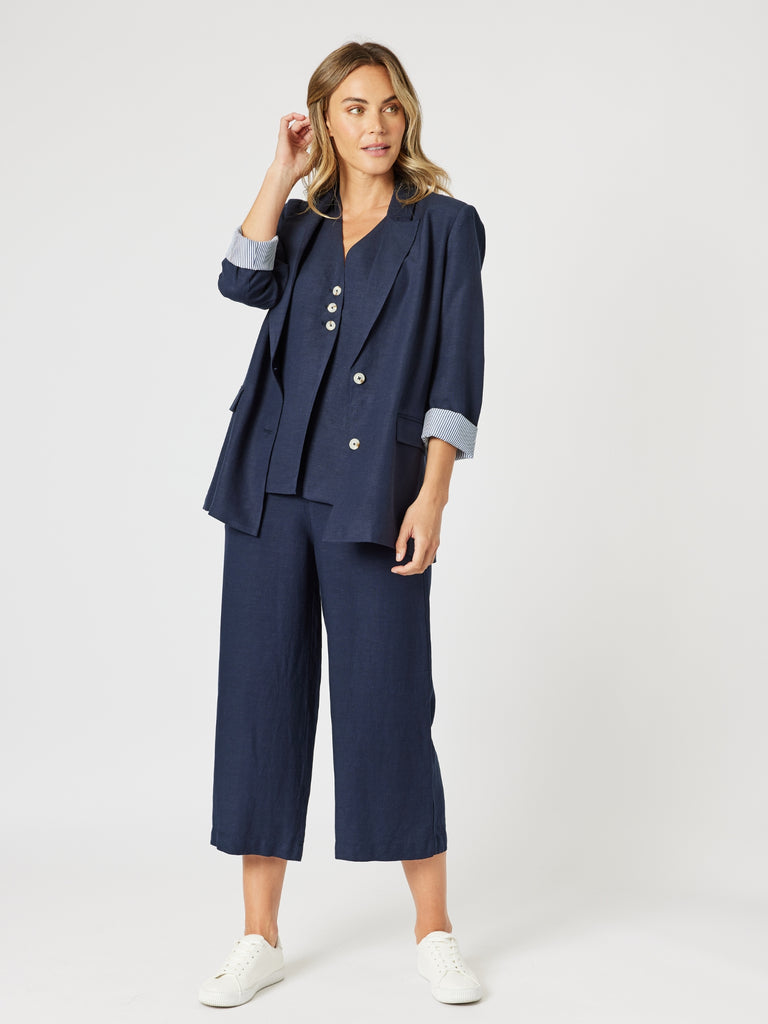Lino Wide Leg Pant-Navy