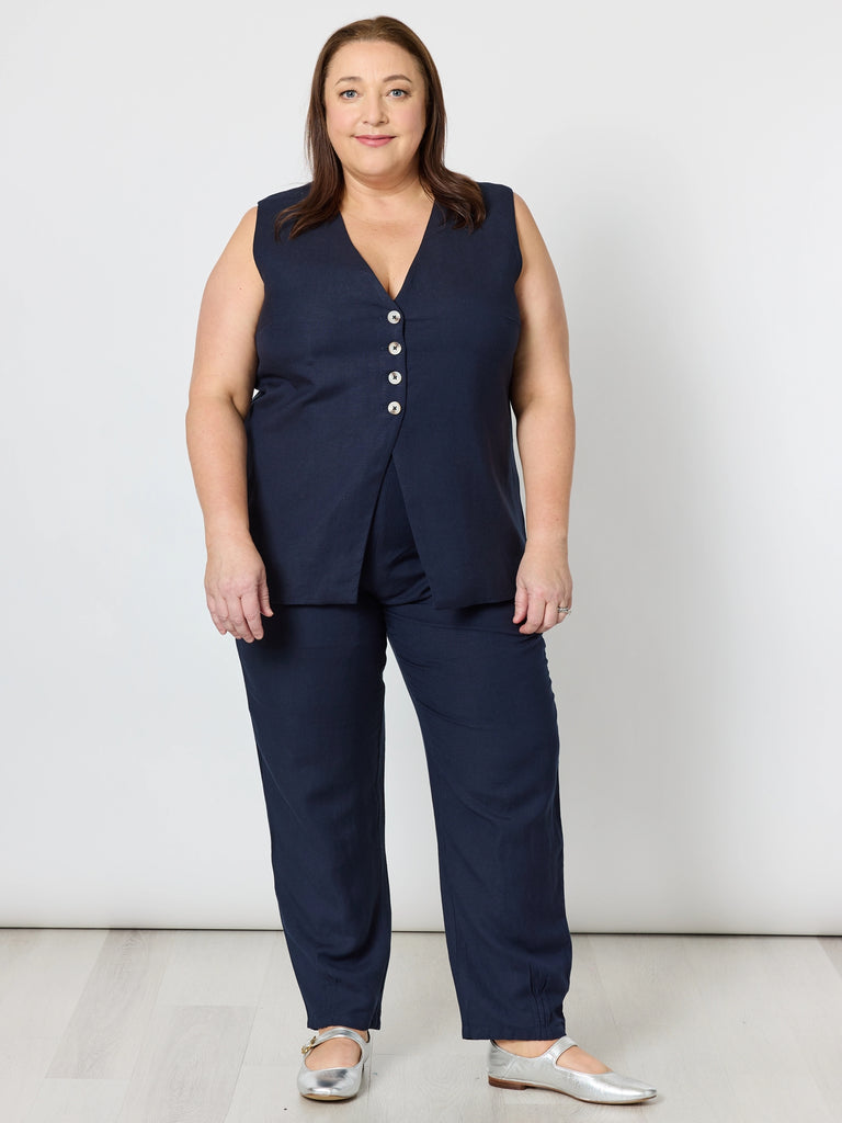 Lino Long Vest - Navy