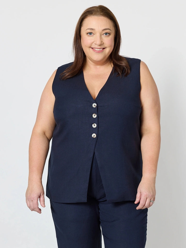 Lino Long Vest - Navy
