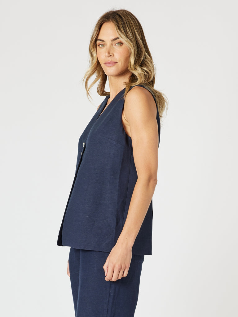 Lino Long Vest - Navy gordon smith