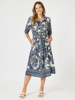 Palm Cove Print Button Dress - Navy Multi