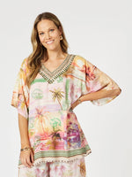 Passport Print V Neck Top - Sunset Multi