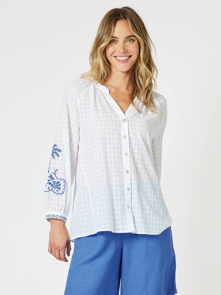 Mykonos Embroidered Blouse - White / Blue