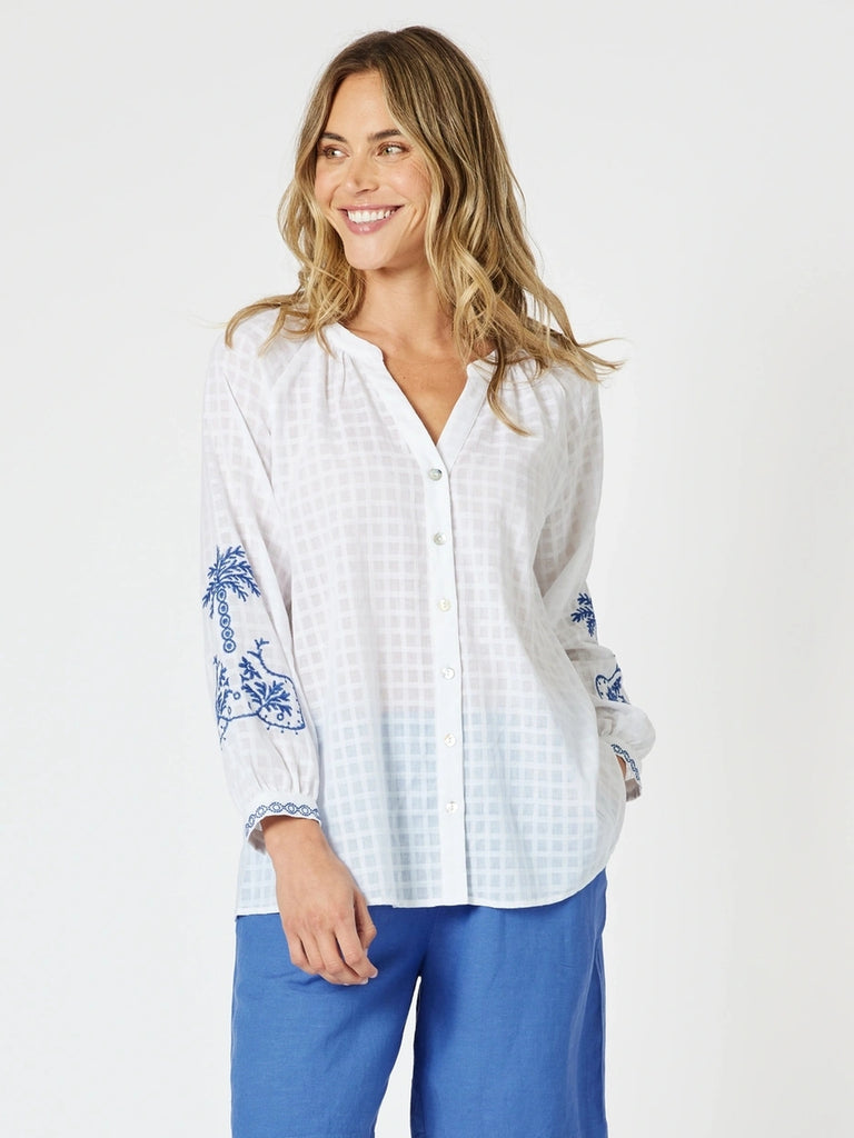 Mykonos Embroidered Blouse - White / Blue