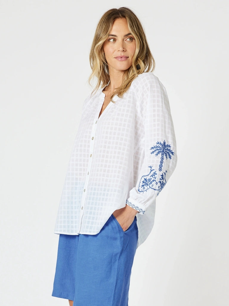 Mykonos Embroidered Blouse - White / Blue