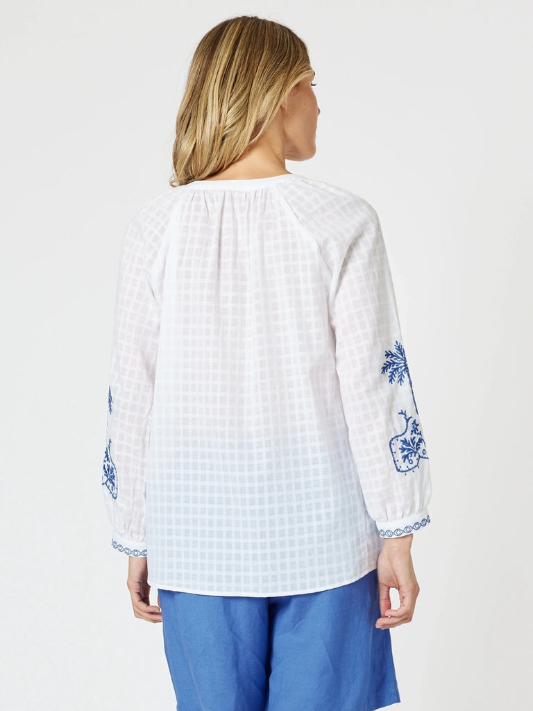Mykonos Embroidered Blouse - White / Blue