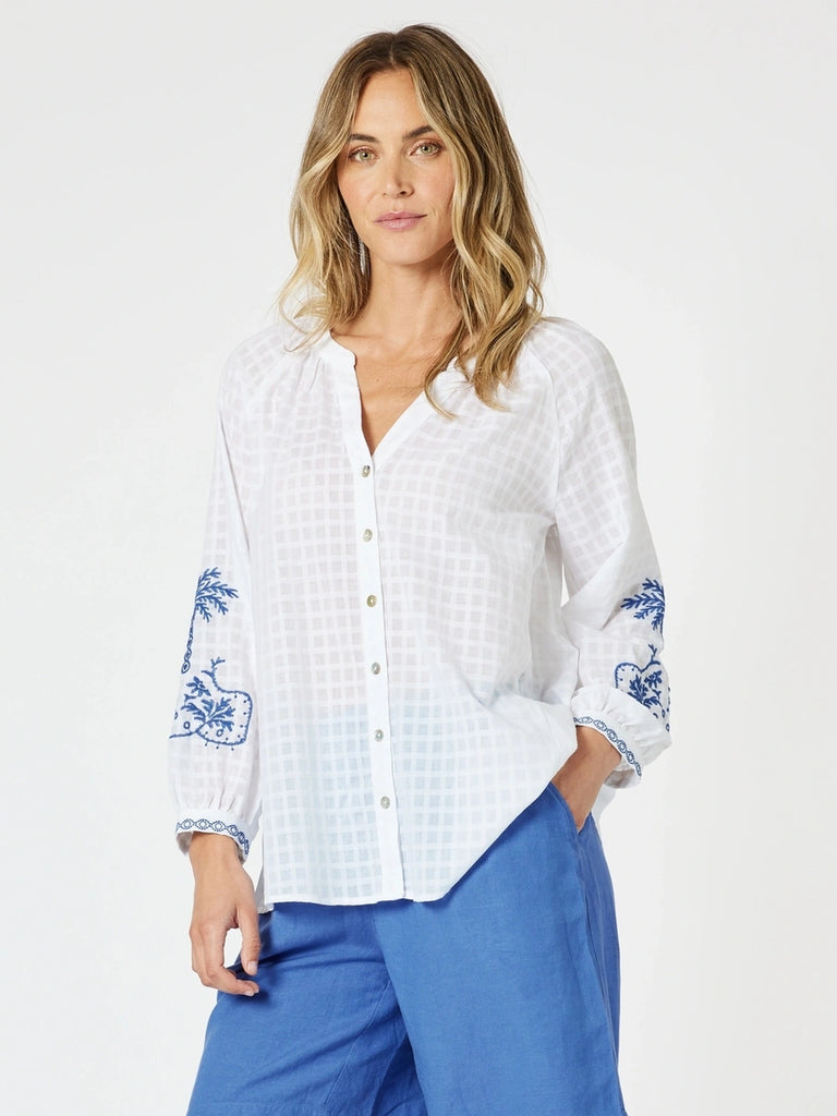 Mykonos Embroidered Blouse - White / Blue