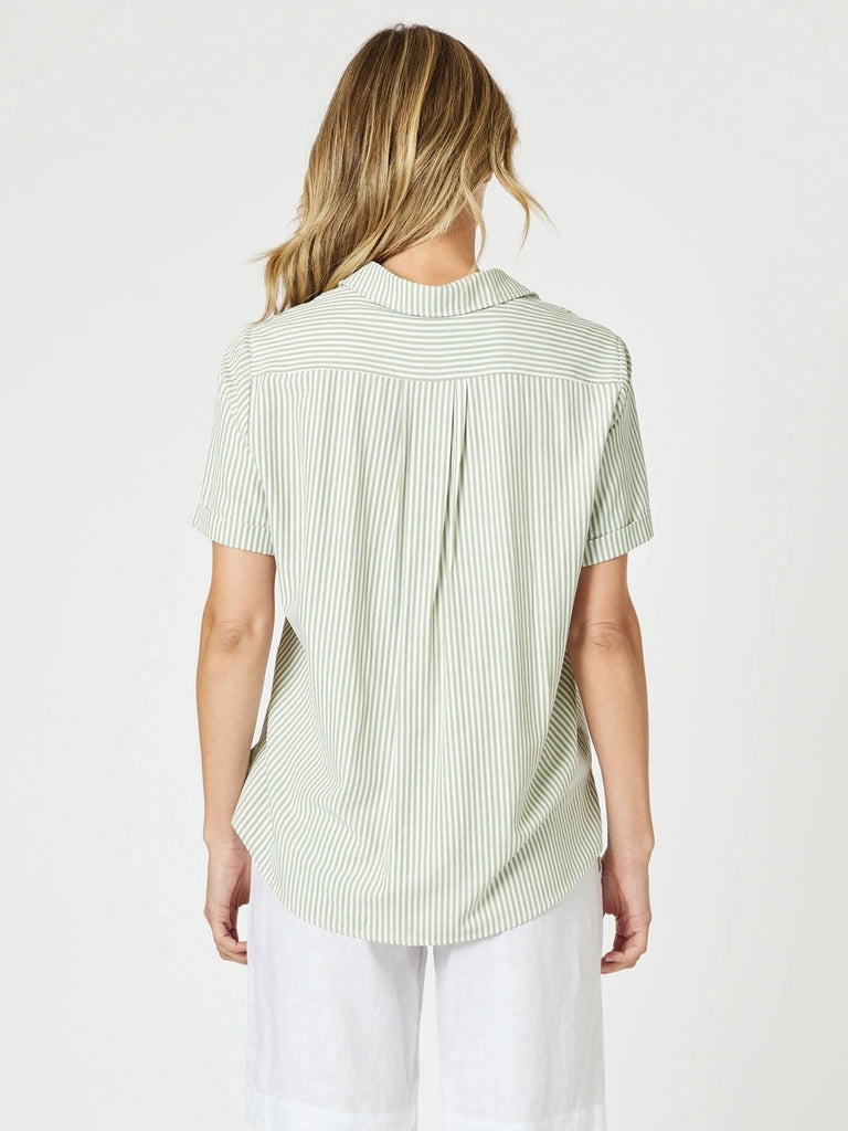 Piper Short Sleeve Shirt - Sage / White Stripe