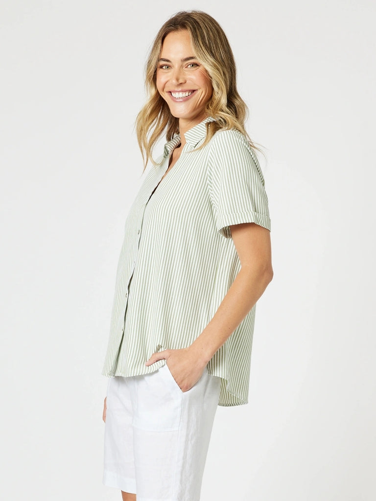 Piper Short Sleeve Shirt - Sage / White Stripe