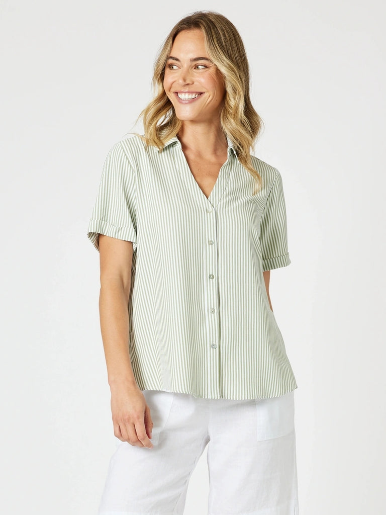 Piper Short Sleeve Shirt - Sage / White Stripe