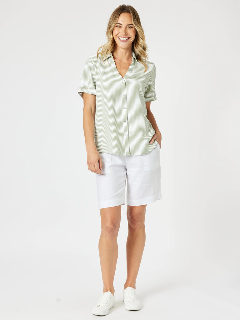 Piper Short Sleeve Shirt - Sage / White Stripe