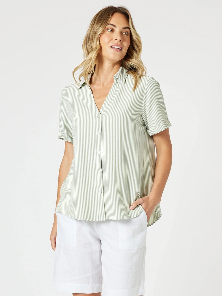 Piper Short Sleeve Shirt - Sage / White Stripe
