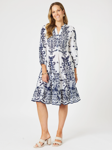 Resort Beaded Dress-White/Navy