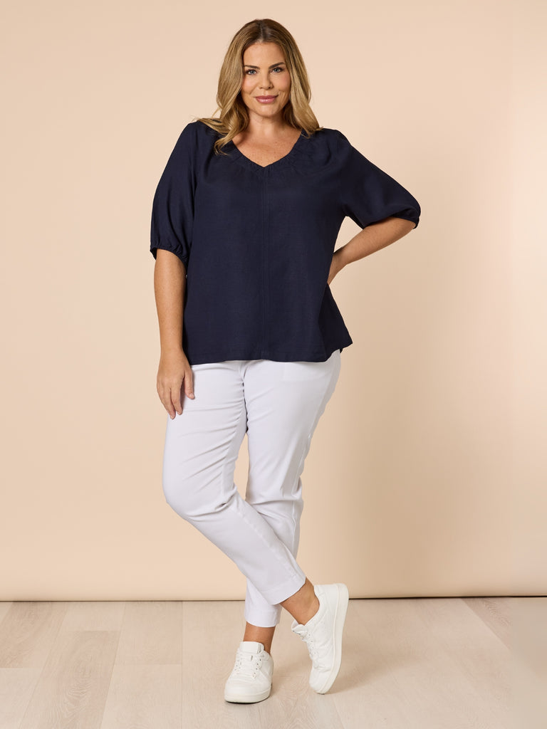 Lino V Neck Top-Navy